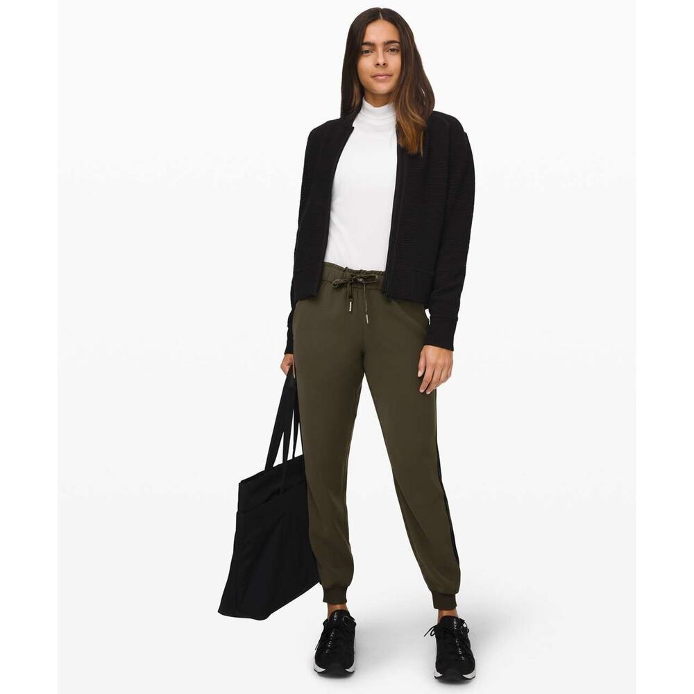 Lululemon On The Fly Jogger Pants Olive Green Black Velvet Trim Women's Size 12 - Picture 12 of 13